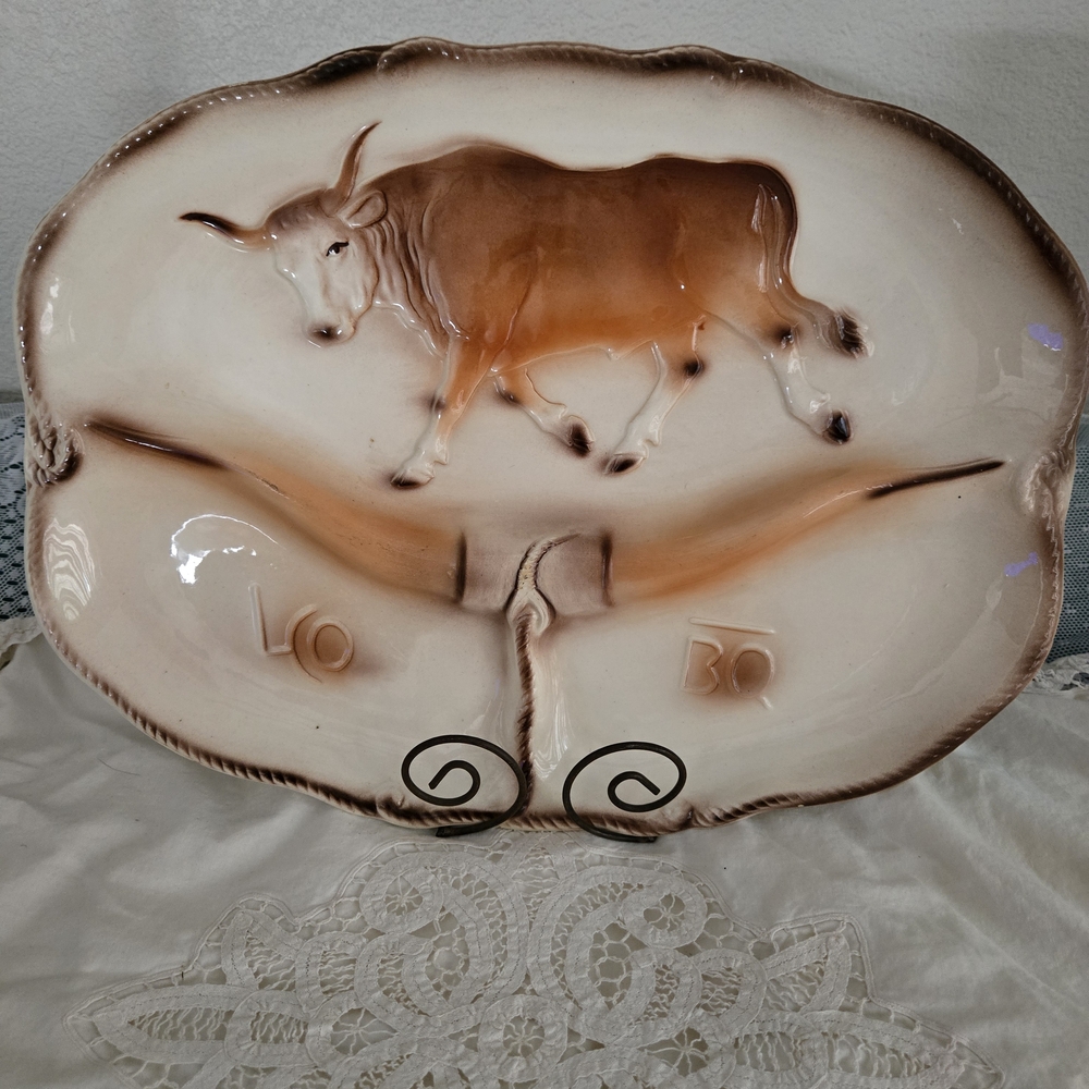 Rustic 1959 Ceramic Cow Platter - Brown and Cream